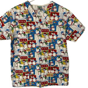 WS Gear Holiday Scrubs Shirt‎ Women's Size Small Christmas Snowman